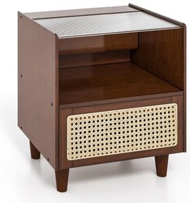 Mesa de cabeceira de bambu e vime com 2 peças, gaveta e pernas de madeira maciça - marrom