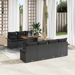 vidaXL Conjunto de Sofá de Jardim com 8 Peças e Almofadas Pretas em Rattan Sintético de Acácia