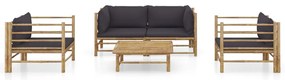 5 pcs conj. lounge jardim em bambu c/ almofadões cinza-escuro