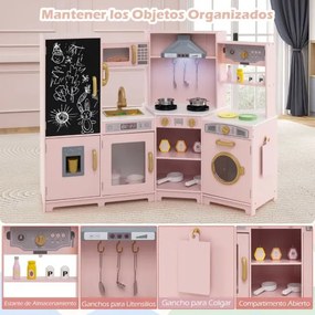 Cozinha de brinquedo de madeira com luzes e sons com quadro negro e acessórios de cozinha para crianças 131 x 47 x 92 cm rosa
