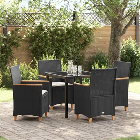 vidaXL Conjunto de Jantar de Jardim de 5 Peças com Almofadas Preto Rattan Poliéster