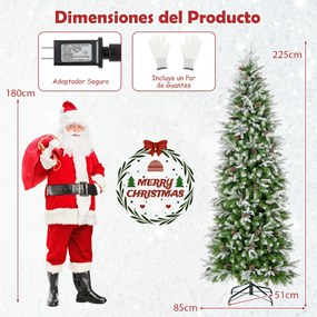 Árvore de Natal estreita pré-iluminada de 225 cm com 350 luzes LED Neve simulada 913 ramos articulados 75 pinhas Verde+Branco