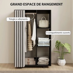 Armário guarda-roupa móvel com 4 rodas, varão para roupa e prateleiras abertas, 80 x 40 x 128 cm, preto