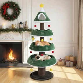 Arranhador para gatos em forma Árvore de Natal 179 cm com Vários Níveis com 3 Plataformas de Veludo Cabide Fechado Superior Verde