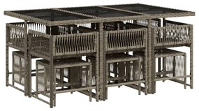 11 pcs conjunto jantar p/ jardim c/ almofadões vime PE cinzento