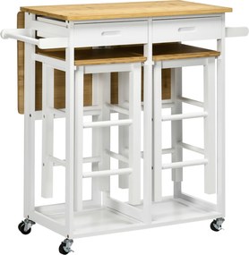 HOMCOM Conjunto de Mesa Alta de Bar e 2 Bancos com Rodas Mesa Dobrável de Cozinha com Bancos 86x75,5x83,5 cm Natural | Aosom Portugal