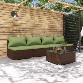 vidaXL 5 pcs conjunto lounge jardim c/ almofadões vime PE castanho