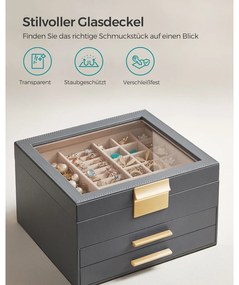 Caixa de jóias com 3 níveis 20,3 x 23,1 x 13,5 cm cinzento + dourado