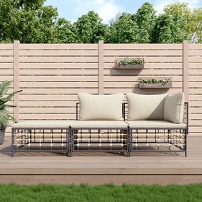 vidaXL 3 pcs conjunto lounge de jardim c/ almofadões vime PE antracite