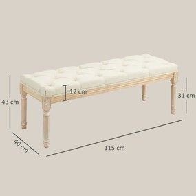 Banco aos Pés da Cama Capitonê, 115 x 40 x 43 cm, Revestimento com Aspeto de Linho, Creme