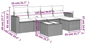 6 pcs conjunto de sofás jardim c/ almofadões vime PE castanho