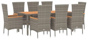9 pcs conjunto de jantar p/ jardim c/ almofadões vime PE cinza