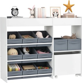 Estante para brinquedos infantis e livros 105 x 30 x 80 cm, com 11 caixas de arrumação em tecido não tecido, branca e cinza