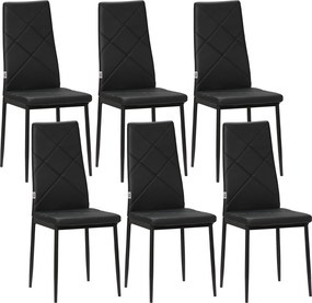 HOMCOM Conjunto de 6 Cadeiras de Sala de Jantar Estofadas em Couro Sintético com Encosto Alto e Pés de Aço 41x50x97 cm Preto | Aosom Portugal