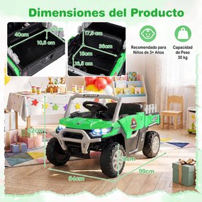 Carrinho Elétrico Infantil 12V para crianaças 2 a 5 anos, 99 x 54 x 52 cm, Dois Motores, Verde