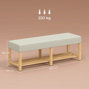 Banco Sapateira com Assento Acolchoado para 2 Pessoas Prateleira Aberta Estrutura de Madeira 140x44x48 cm Creme e Madeira