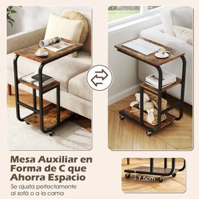 Mesa apoio em forma de C para sofá 53 x 30 x 70 cm com prateleiras abertas Mesa lateral industrial com rodas Castanho