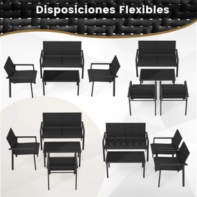 Conjunto de móveis jardim de 4 peças com estrutura metálica galvanizada robusta em vime Preto