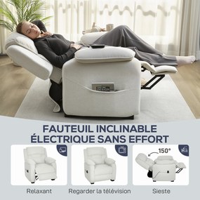 Poltrona relax elétrica, reclinável, com porta USB, apoio para os pés, bolsos laterais e comando à distância, 86x90x103 cm, cor creme