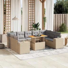 10 pcs conjunto de sofás p/ jardim com almofadões vime PE bege