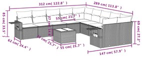 11 pcs conjunto sofás de jardim c/ almofadões vime PE cinzento