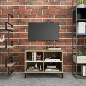 vidaXL Móvel de TV c/ pernas metal 69,5x30x50cm branco/carvalho sonoma