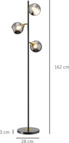 Candeeiro de pé para sala de estar em metal com 3 abajures esféricos em metal cromado, 40 W, Ø 36 x 162 cm (altura), preto e cinzento