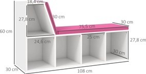 Banco-biblioteca 2 em 1 com 5 compartimentos de arrumação e 2 almofadas, 108 x 30 x 60 cm, branco e rosa
