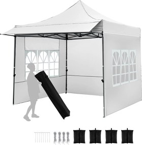 Tenda dobrável de 3x3 m com 3 paredes laterais, altura ajustável, 4 sacos de areia, cordas, estacas e saco com rodas para festas e acampamento, branca