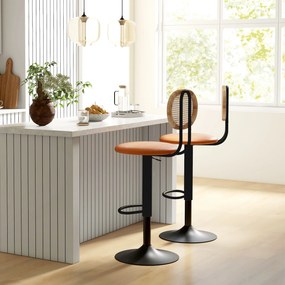 Conjunto de 2 bancos de bar com altura ajustável 40,5 x 52 x 92-113,5 cm, encosto em rattan e apoio para os pés, castanho