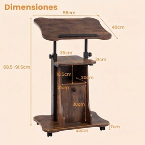 Secretária de Computador Móvel, 55 x 40 x 68,5-91,5 cm, Altura Regulável, Castanho