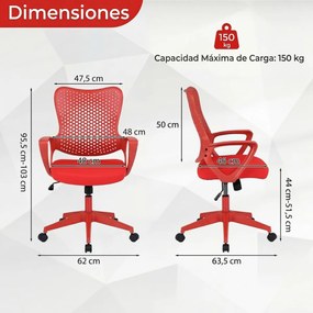 Cadeira de escritório ergonómica com braços, almofada acolchoada e encosto respirável, modelo «Borboleta», para estudar e trabalhar, vermelha