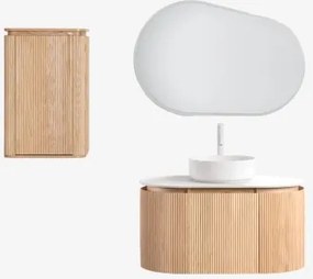 Conjunto De Móvel De Casa De Banho Suspenso 90x50 Cm Em Madeira Carsone Madeira Natural & Madeira Natural & Cerâmica Redonda Branca Ø40 - Sklum