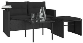 3 pcs conjunto sofás de jardim com almofadões vime PE preto