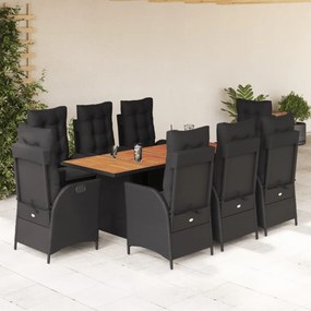 9 pcs conjunto de jantar p/ jardim c/ almofadões vime PE preto