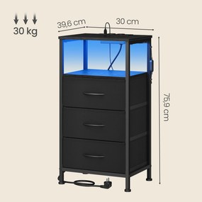 Mesa de cabeçeira com iluminação LED e base de carregamento 30 x 39,6 x 75,9 cm com 3 gavetas e compartimento aberto Preto