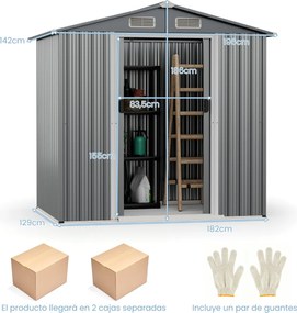 Abrigo Jardim 196 x 142 cm de armazenamento para exterior com 4 ventilações Portas Rampa Luvas Organizador de ferramentas Cinza