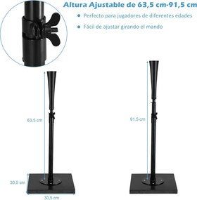Tee para Beisebol Tee de Softball Ajustável em Altura de 63,5 a 91,5 cm com Base Preta