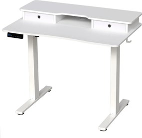 Secretária elétrica com pé 100 x 60 cm com 2 gavetas, altura ajustável e suporte para monitor Branca