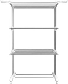 Estendal roupa com rodas, 4 níveis 63,5 x 128 x 173 cm, alas rebatíveis, estendal de chão, montagem fácil branco e prateado
