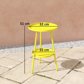 Mesinha redonda de apoio jardim com 2 prateleiras Ø 32 x 51 cm, mesa de jardim para terraço, sala de estar ou varanda, em metal,, amarela