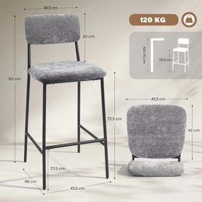 Conjunto de 2 bancos de bar em tecido chenille 45,5 x 48 x 101 cm, bancos de bar estofados, assento largo, encosto alto, cinzento