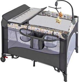 Berço dobrável para bebé, trocador de fraldas com caixa de música e brinquedos pendurados 110 x 76 x 76 cm Cinza