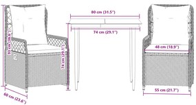 3 pcs conjunto de jantar p/ jardim c/ almofadões vime PE preto