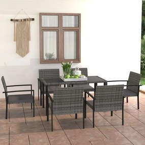 7 pcs conjunto de jantar para jardim vime PE cinzento