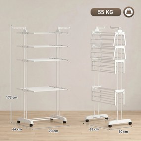 Estendal de roupa dobrável de 5 níveis com Rodas, estendal de roupa para interior com abas laterais, estrutura em aço, branco