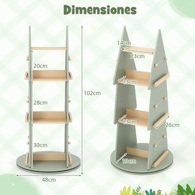 Estante para livros infantis Ø48 x 102 cm giratória 360° Carrossel de livros para crianças com 4 níveis em forma de árvore verde