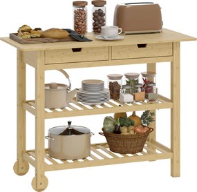 Carrinho de cozinha com rodas em bambu, com 2 gavetas e 2 prateleiras, 100 x 43 x 75 cm, madeira natural