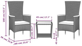 3 pcs conjunto de jantar p/ jardim c/ almofadões vime PE cinza