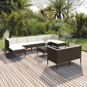 vidaXL 10 pcs conjunto lounge jardim c/ almofadões vime PE castanho